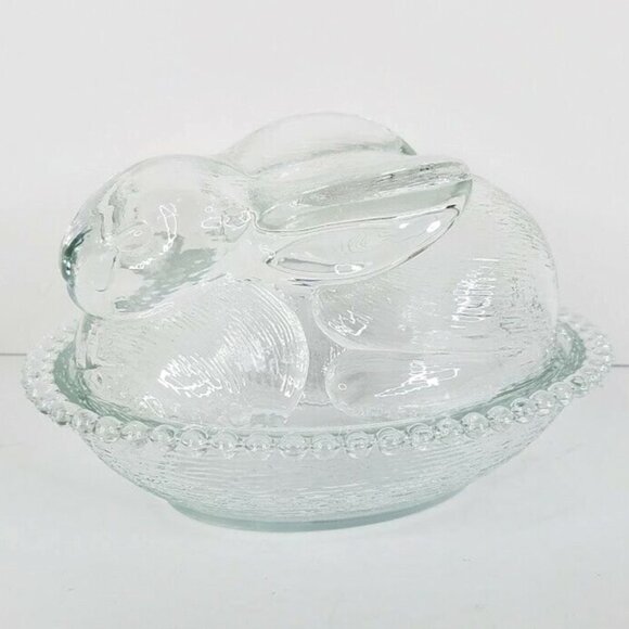 Bunny Covered Candy Dish Clear Pressed Glass Rabbit Basket Nest Trinket - Picture 1 of 7